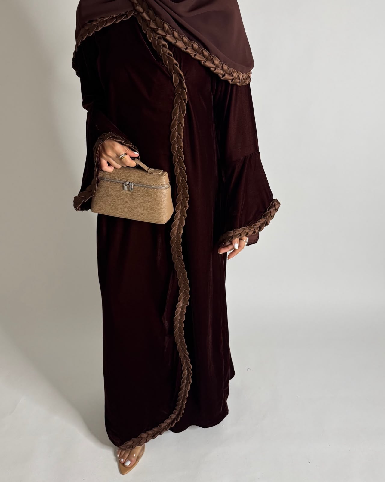 A686 - Brown Braided Waves Velvet Abaya with Matching Head Scarf