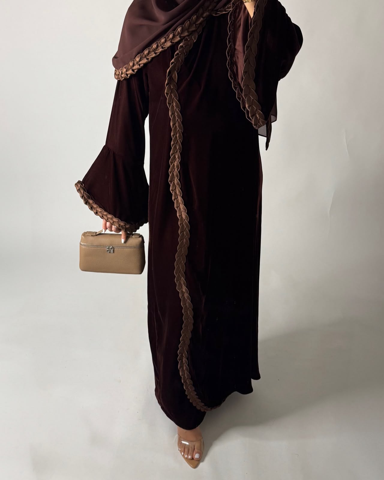 A686 - Brown Braided Waves Velvet Abaya with Matching Head Scarf