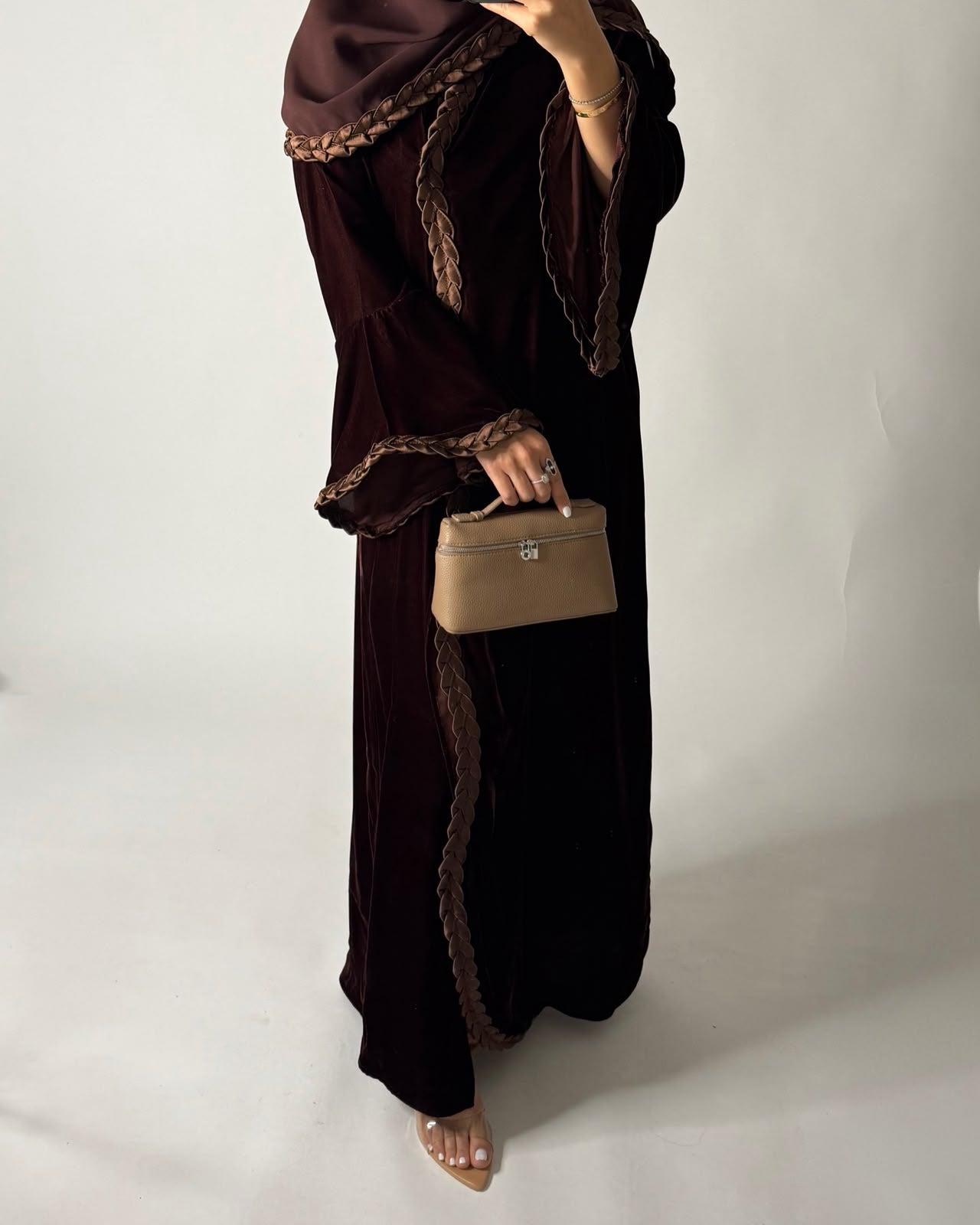 A686 - Brown Braided Waves Velvet Abaya with Matching Head Scarf