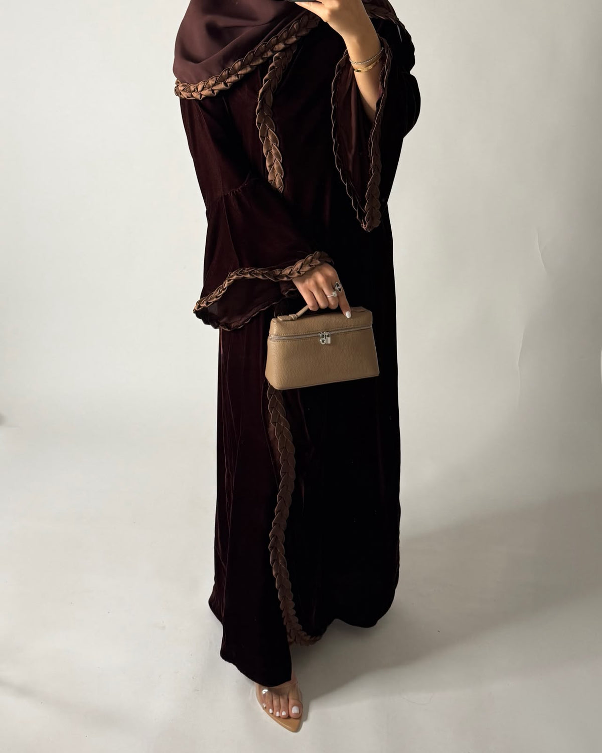 A686 - Brown Braided Waves Velvet Abaya with Matching Head Scarf