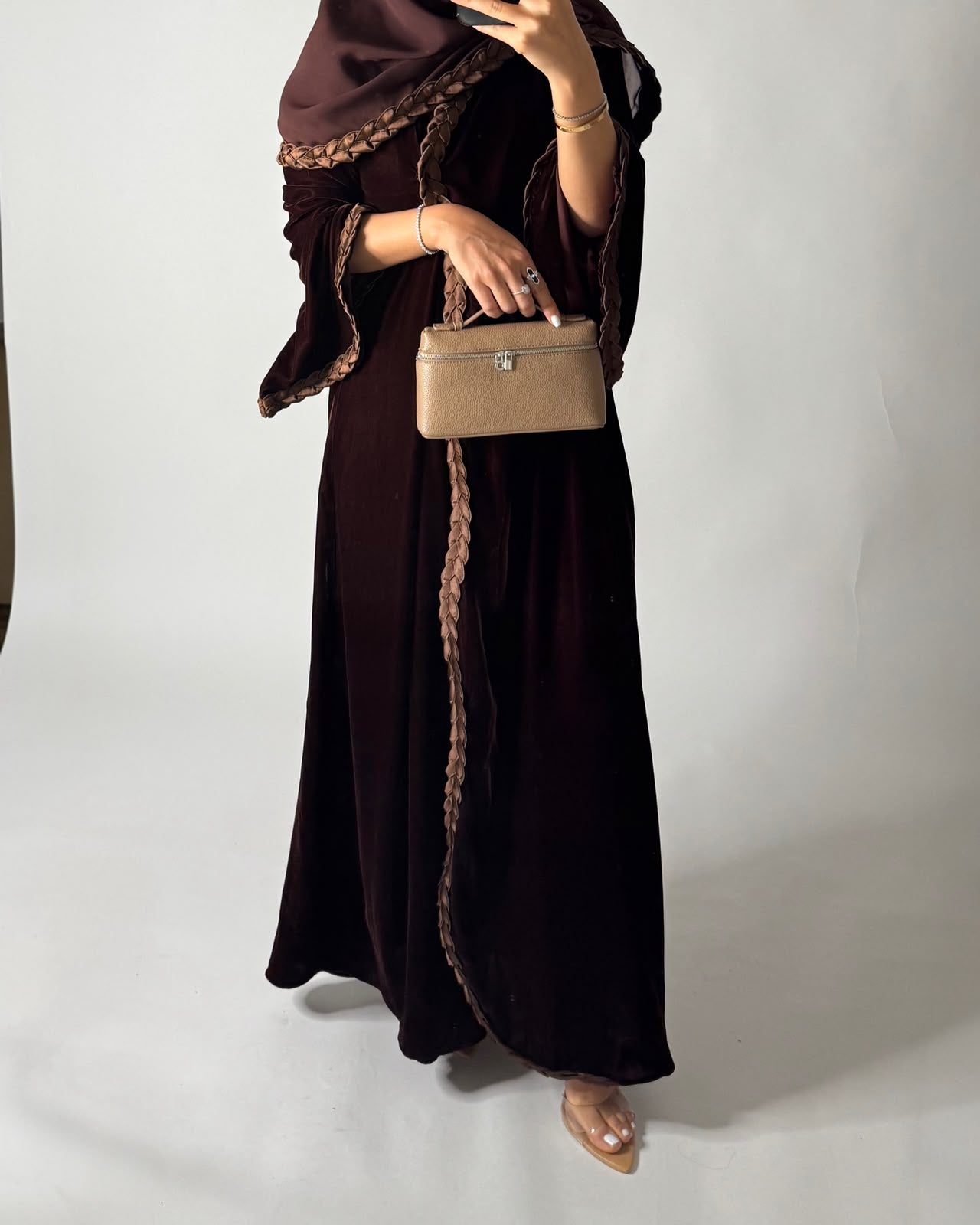 A686 - Brown Braided Waves Velvet Abaya with Matching Head Scarf