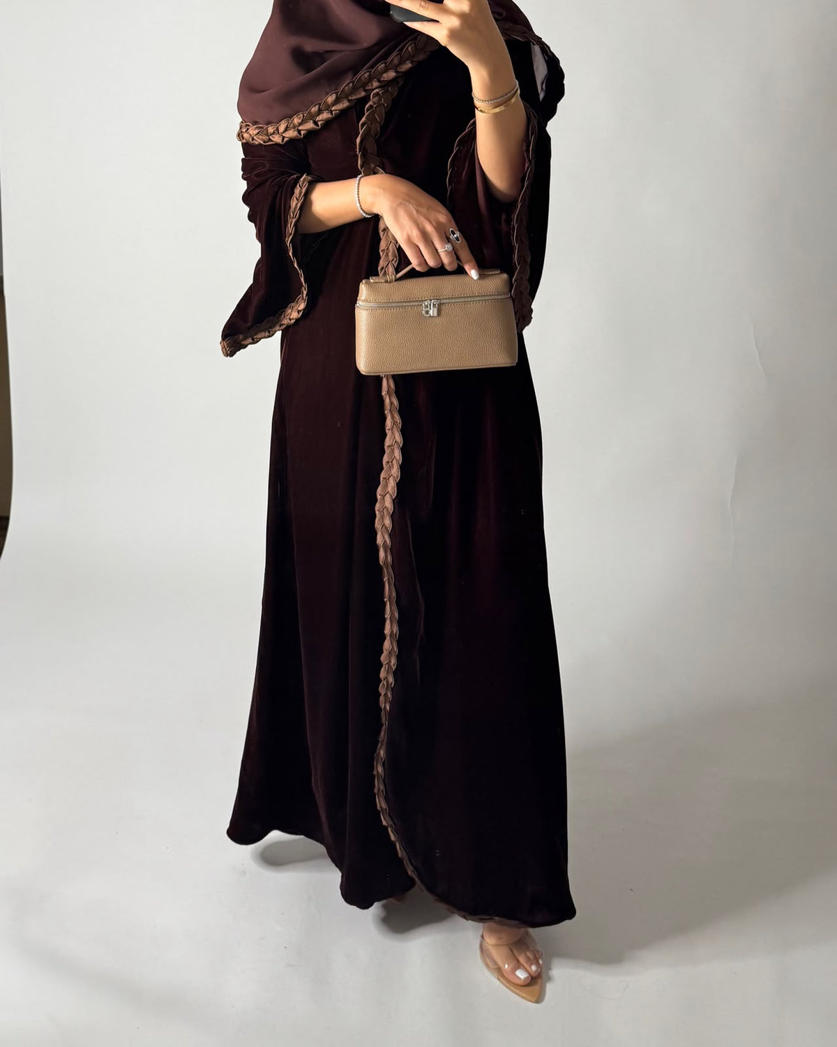 A686 - Brown Braided Waves Velvet Abaya with Matching Head Scarf