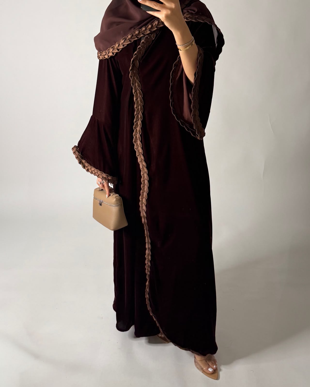 A686 - Brown Braided Waves Velvet Abaya with Matching Head Scarf