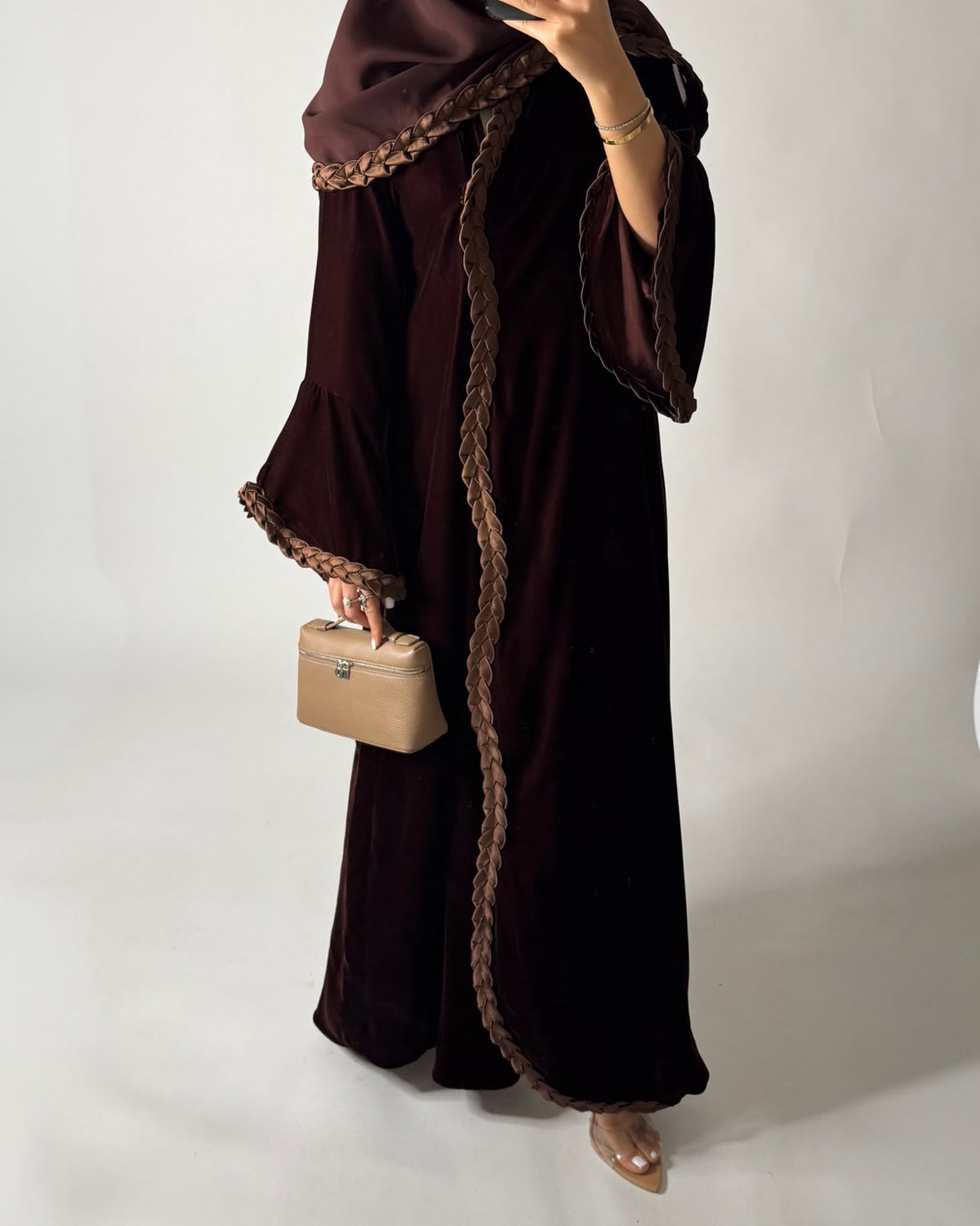 A686 - Brown Braided Waves Velvet Abaya with Matching Head Scarf