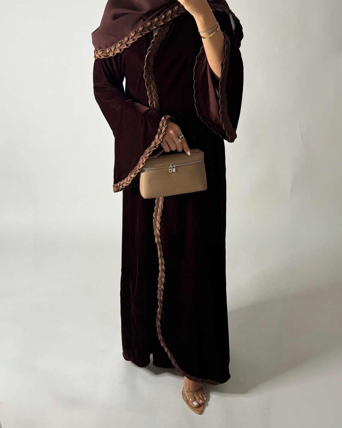 A686 - Brown Braided Waves Velvet Abaya with Matching Head Scarf