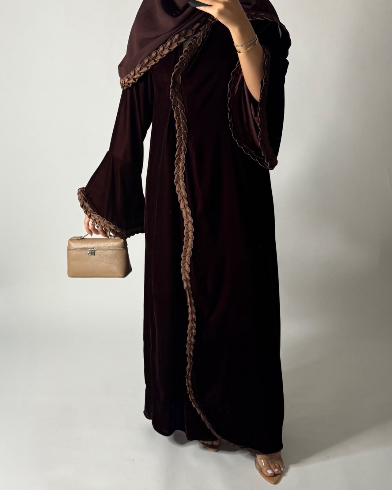 A686 - Brown Braided Waves Velvet Abaya with Matching Head Scarf