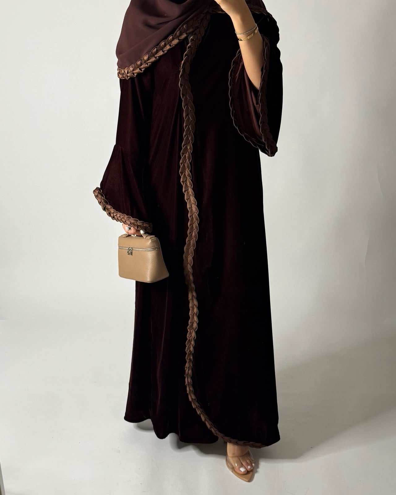 A686 - Brown Braided Waves Velvet Abaya with Matching Head Scarf