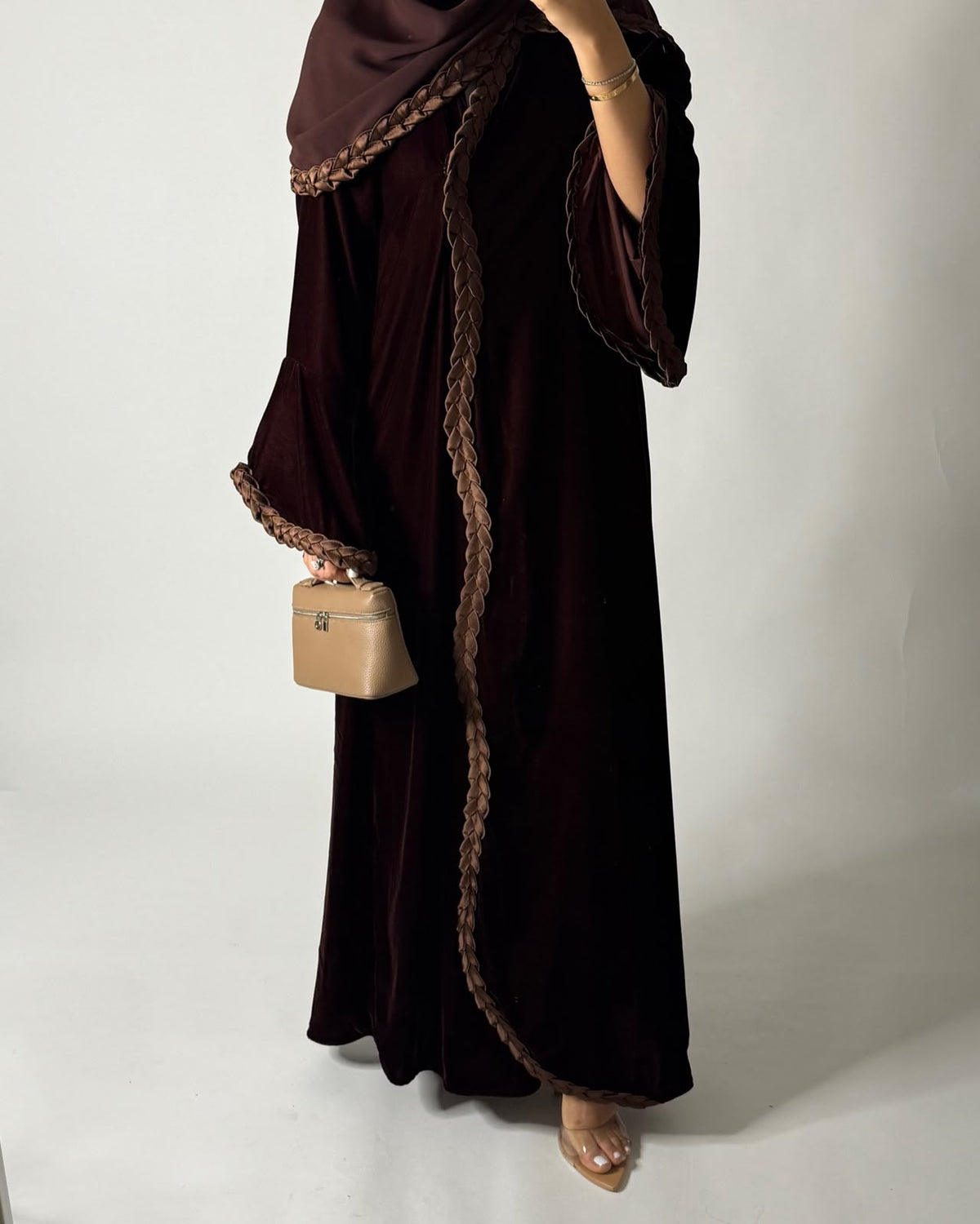 A686 - Brown Braided Waves Velvet Abaya with Matching Head Scarf