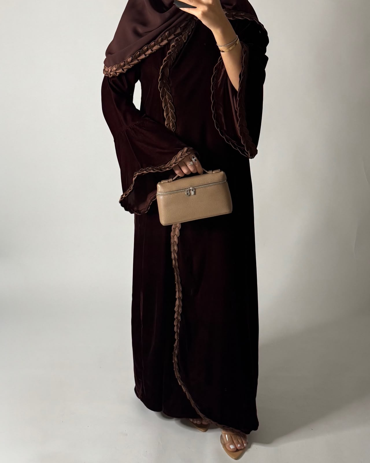 A686 - Brown Braided Waves Velvet Abaya with Matching Head Scarf