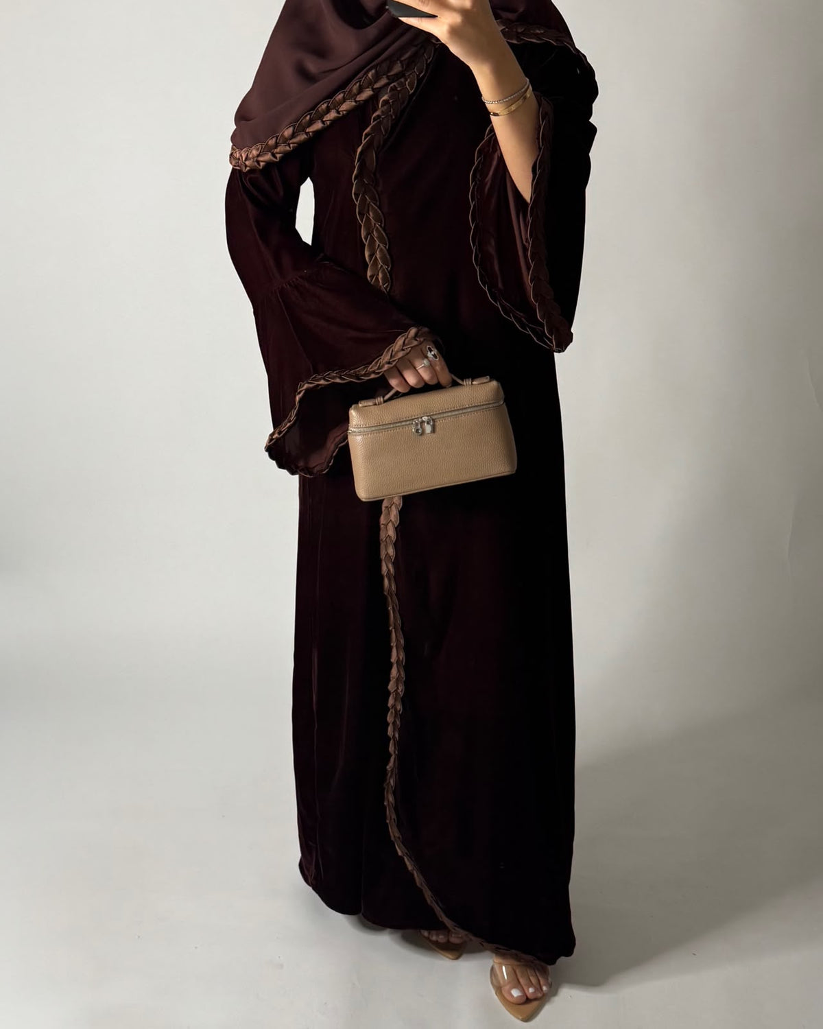 A686 - Brown Braided Waves Velvet Abaya with Matching Head Scarf