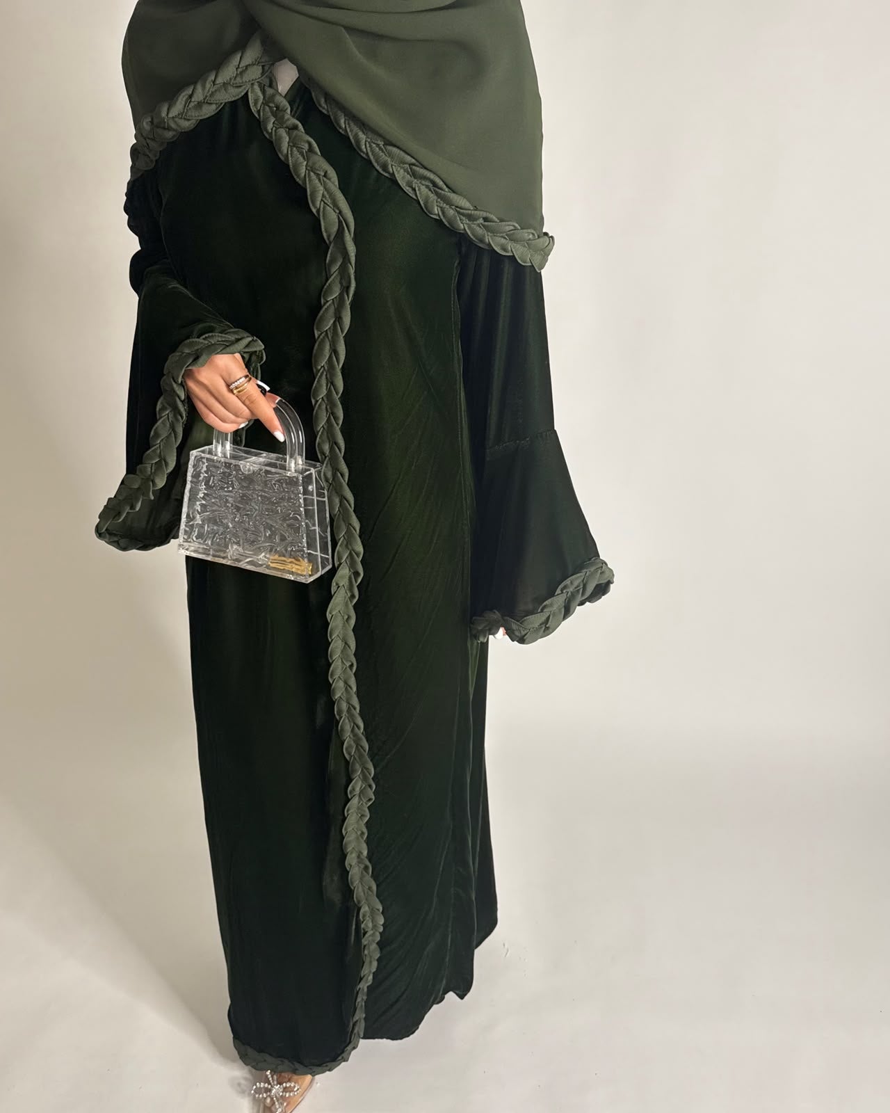 A687 - Olive Green Braided Waves Velvet Abaya with Matching Head Scarf