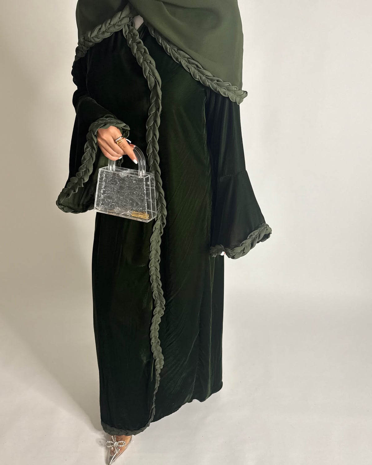 A687 - Olive Green Braided Waves Velvet Abaya with Matching Head Scarf