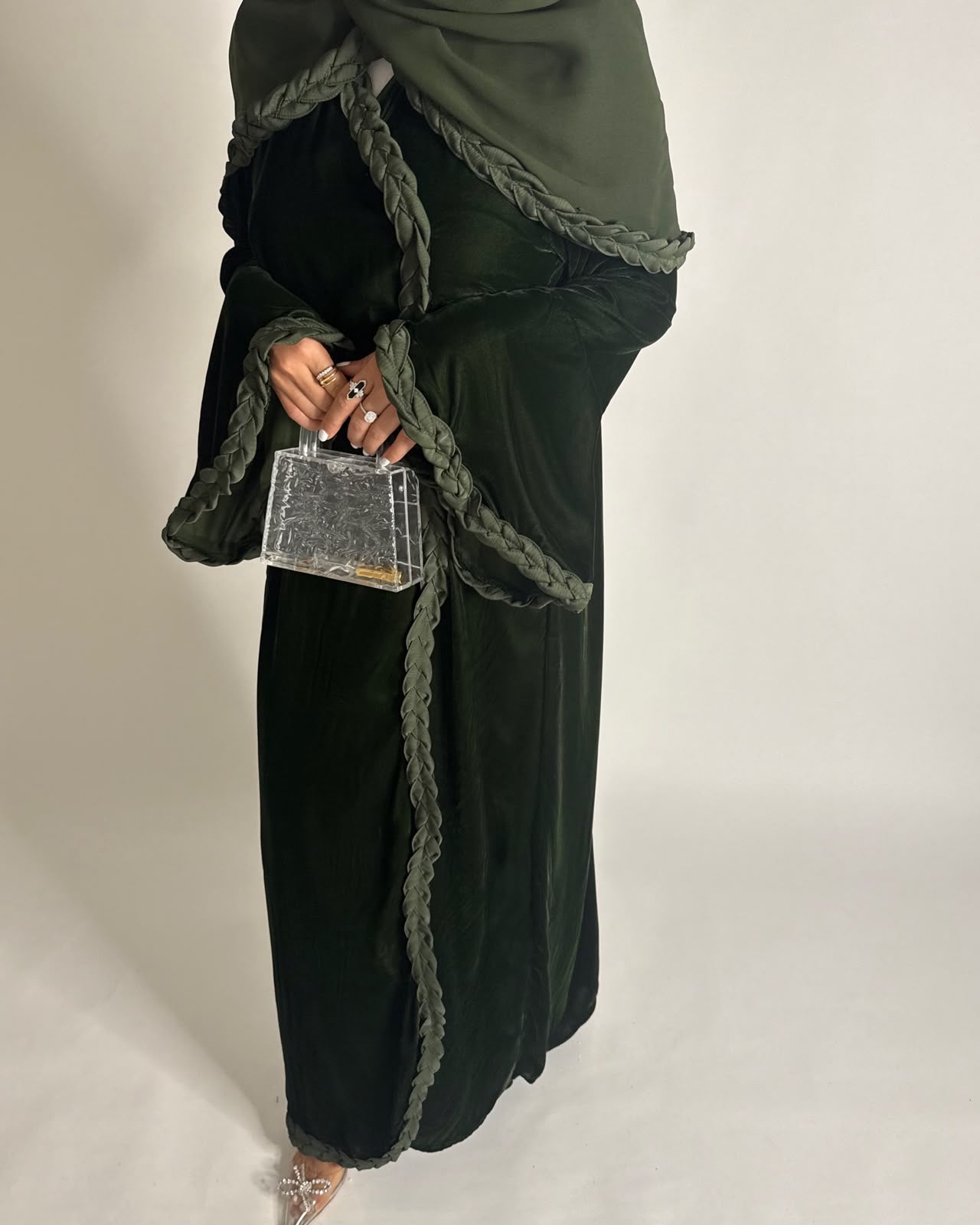 A687 - Olive Green Braided Waves Velvet Abaya with Matching Head Scarf