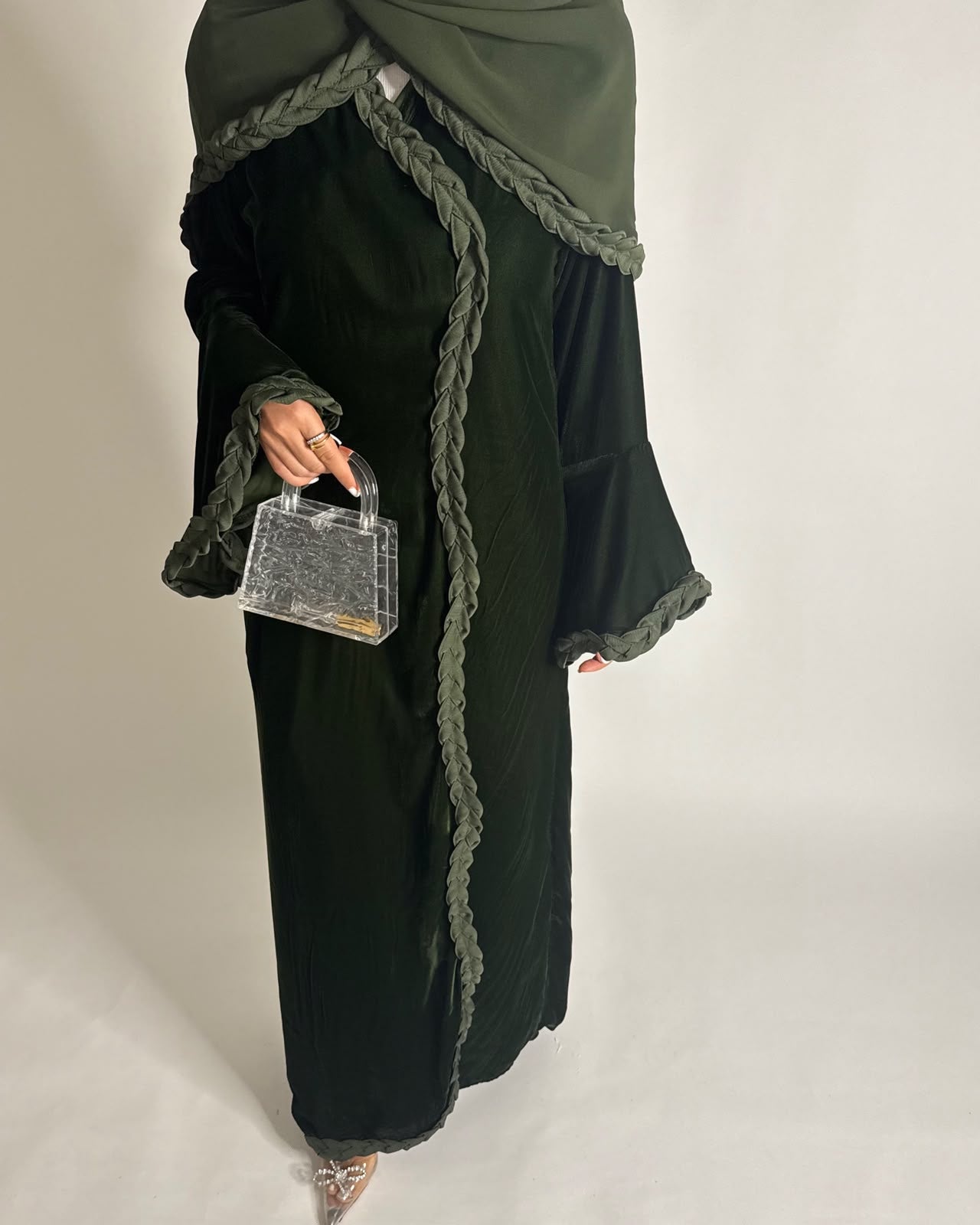 A687 - Olive Green Braided Waves Velvet Abaya with Matching Head Scarf