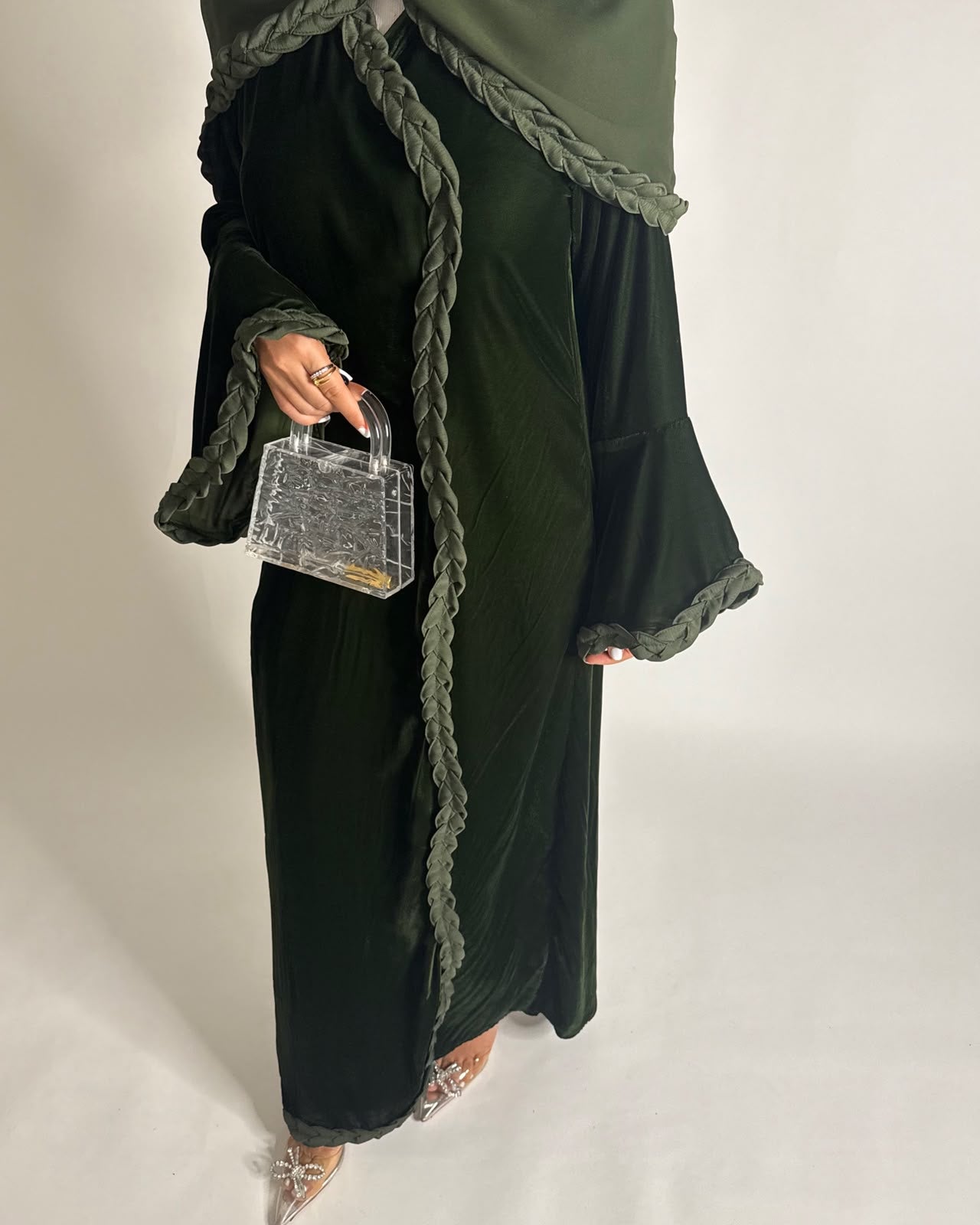 A687 - Olive Green Braided Waves Velvet Abaya with Matching Head Scarf