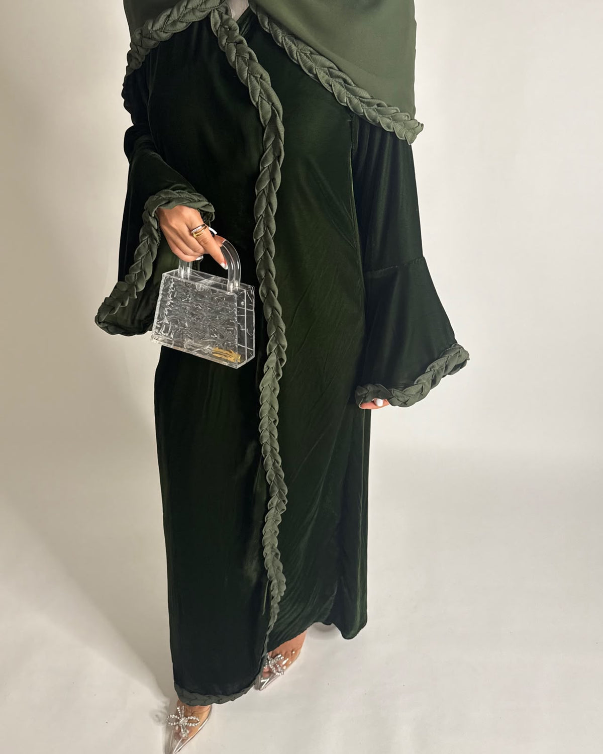 A687 - Olive Green Braided Waves Velvet Abaya with Matching Head Scarf