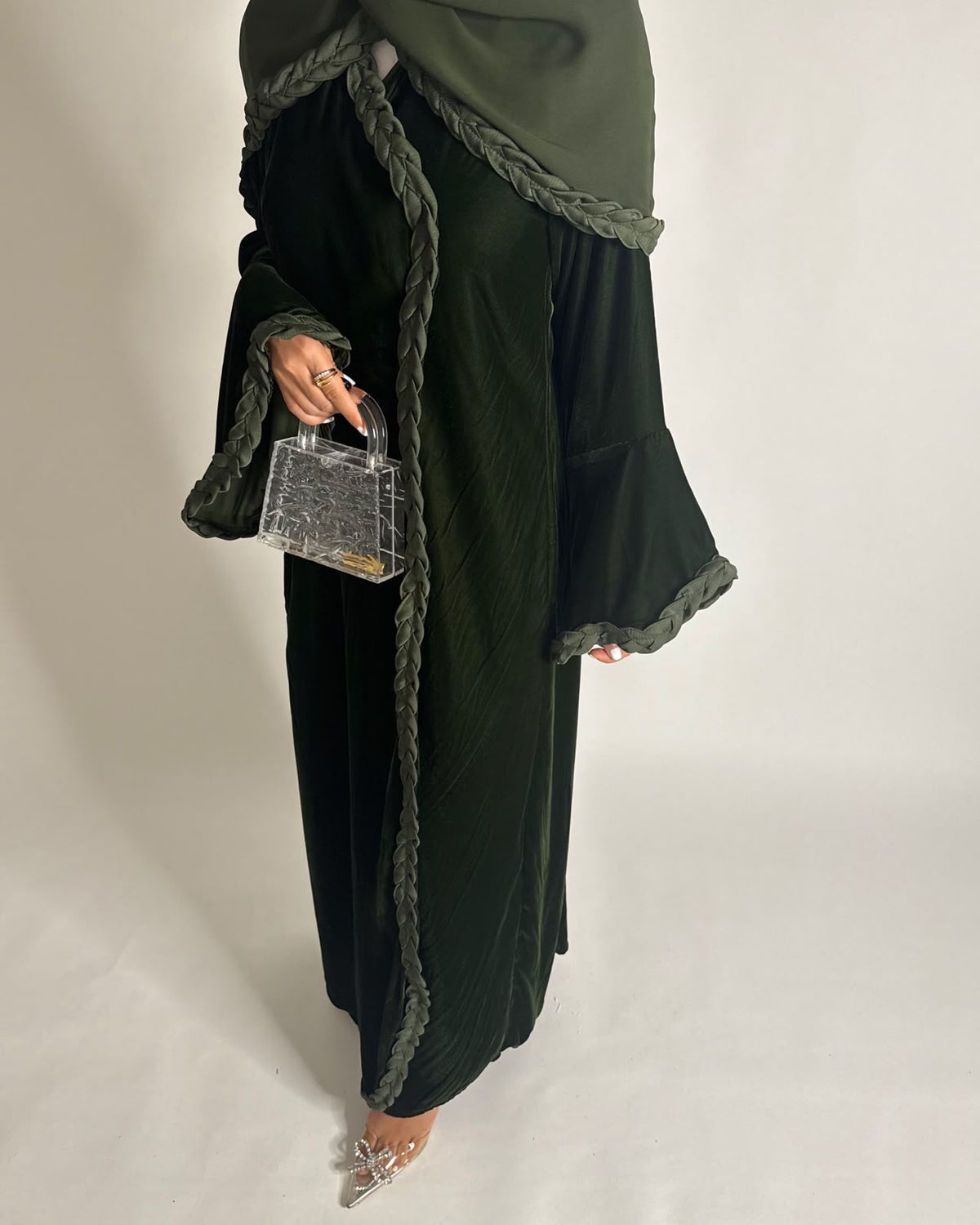 A687 - Olive Green Braided Waves Velvet Abaya with Matching Head Scarf
