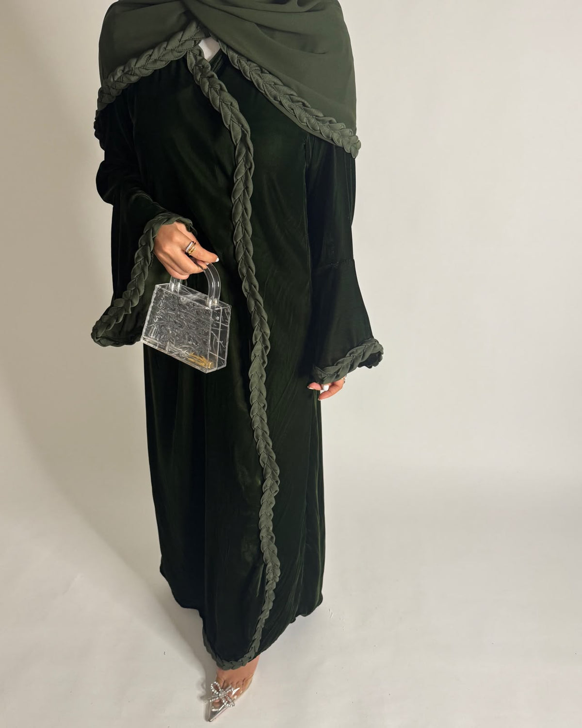 A687 - Olive Green Braided Waves Velvet Abaya with Matching Head Scarf