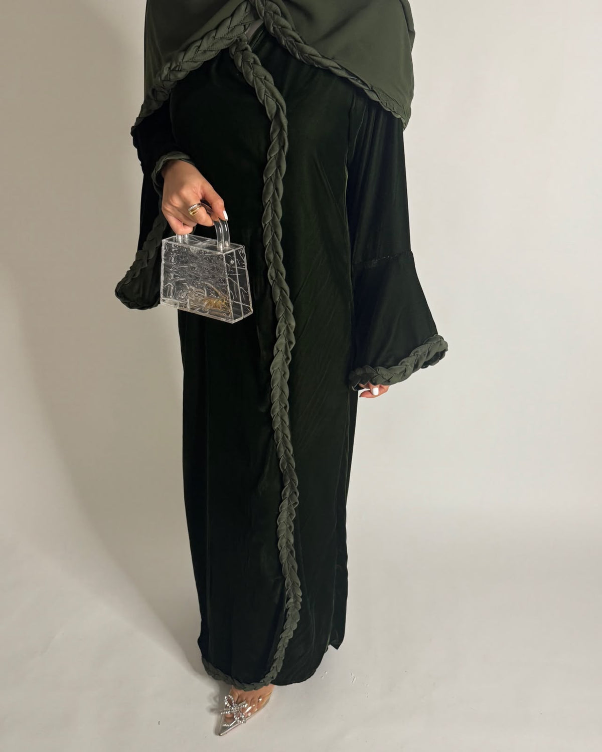 A687 - Olive Green Braided Waves Velvet Abaya with Matching Head Scarf