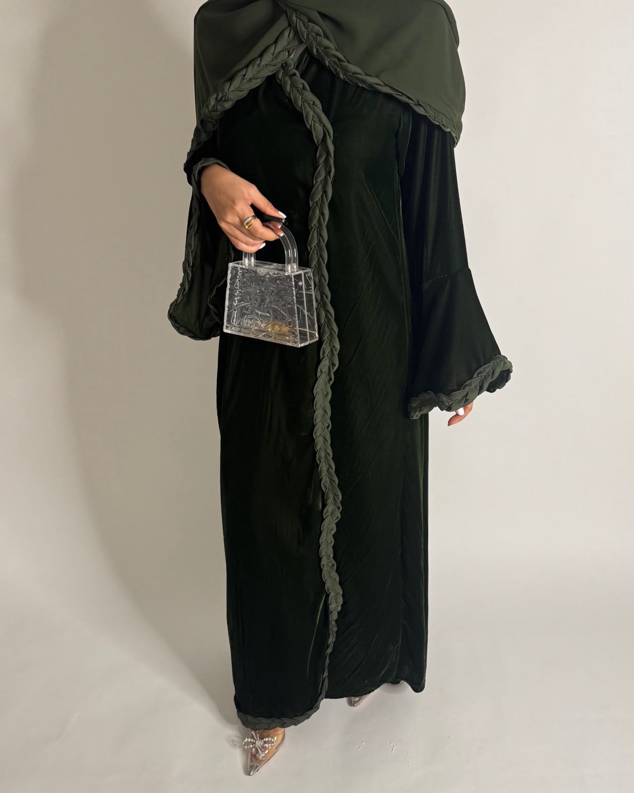 A687 - Olive Green Braided Waves Velvet Abaya with Matching Head Scarf