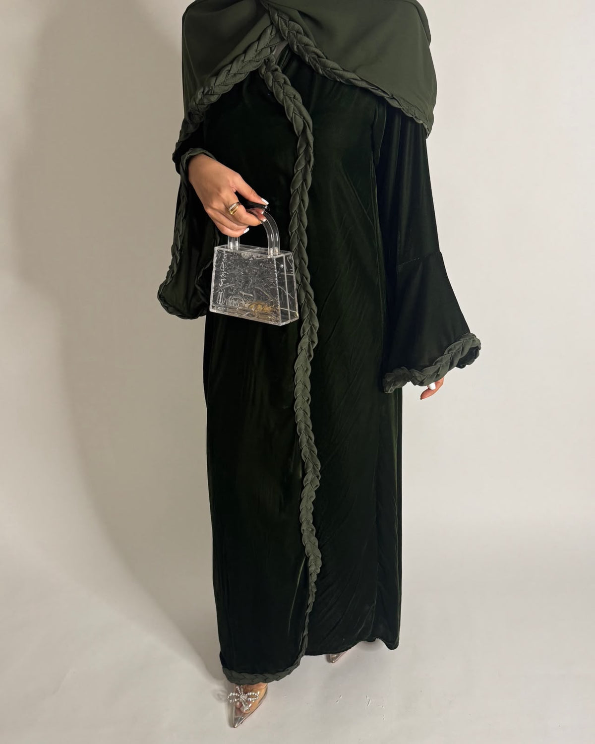 A687 - Olive Green Braided Waves Velvet Abaya with Matching Head Scarf