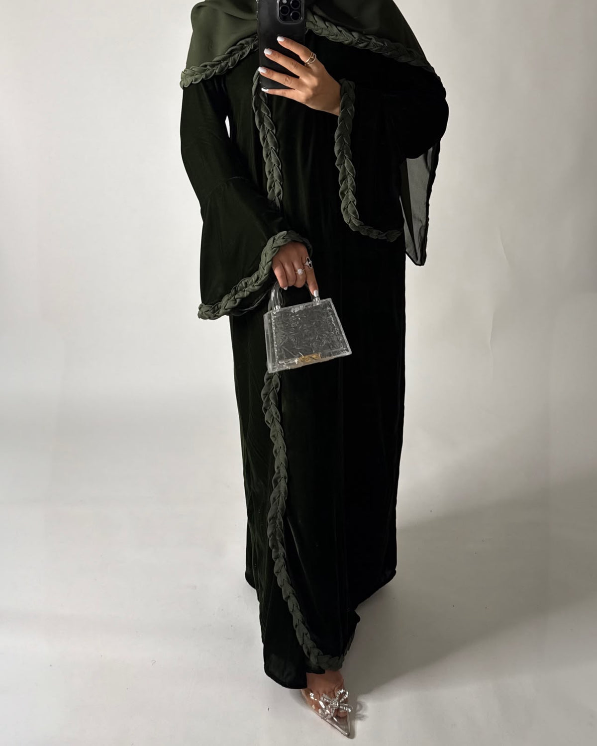 A687 - Olive Green Braided Waves Velvet Abaya with Matching Head Scarf