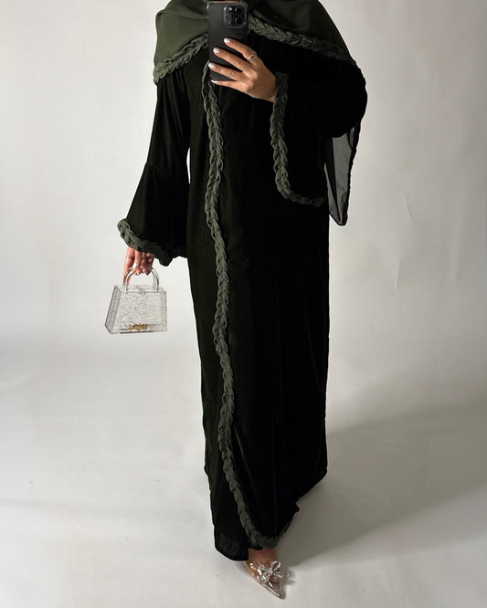 A687 - Olive Green Braided Waves Velvet Abaya with Matching Head Scarf
