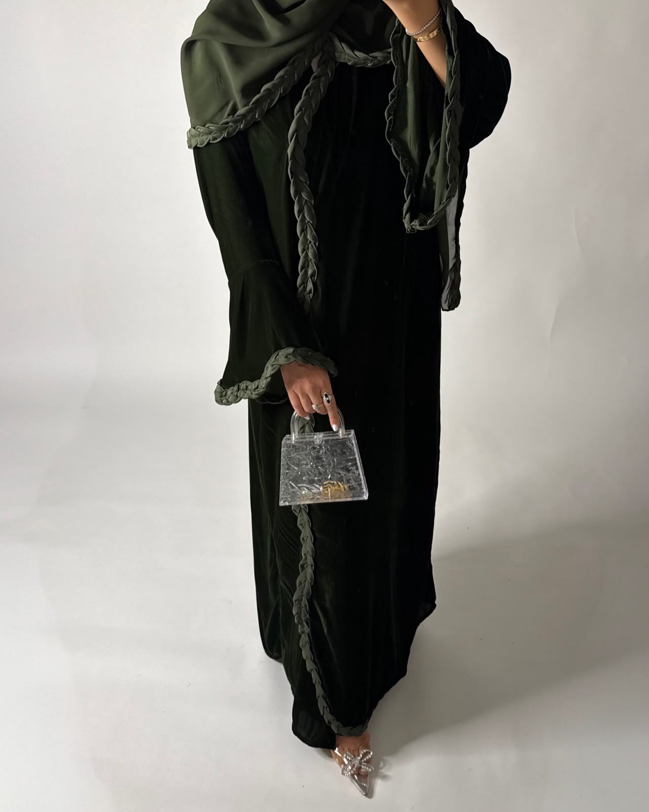 A687 - Olive Green Braided Waves Velvet Abaya with Matching Head Scarf