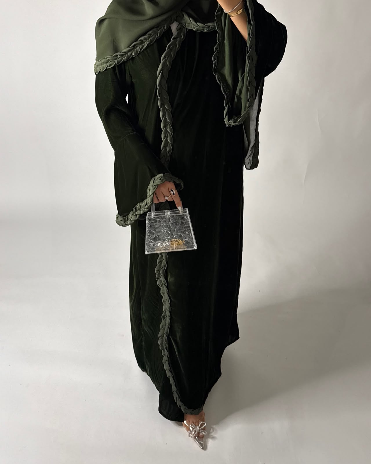 A687 - Olive Green Braided Waves Velvet Abaya with Matching Head Scarf