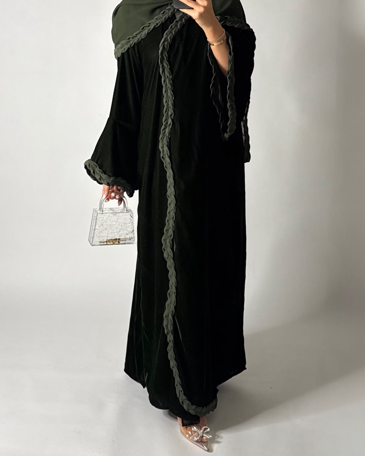 A687 - Olive Green Braided Waves Velvet Abaya with Matching Head Scarf