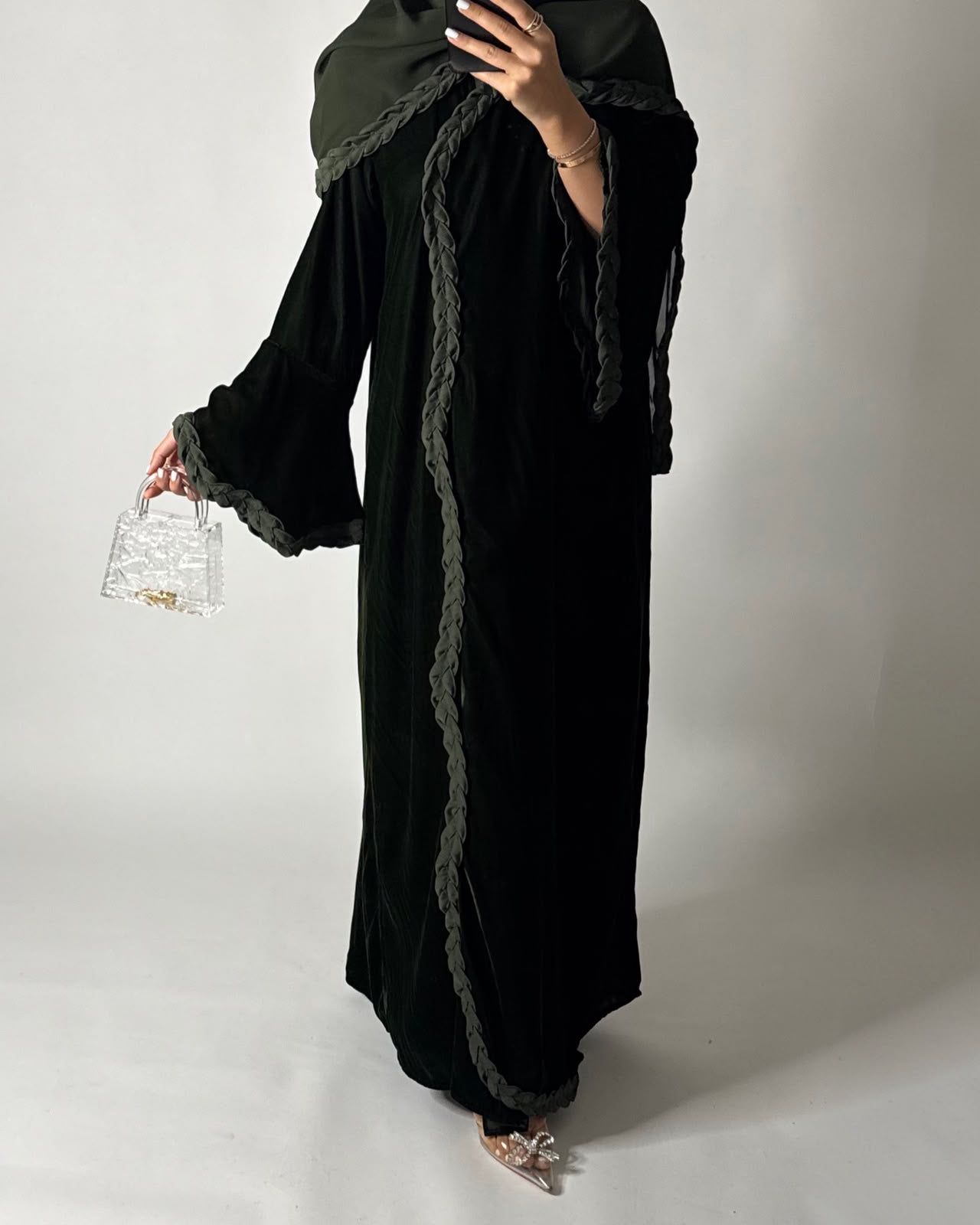 A687 - Olive Green Braided Waves Velvet Abaya with Matching Head Scarf