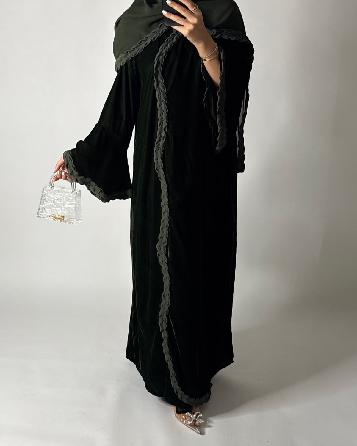 A687 - Olive Green Braided Waves Velvet Abaya with Matching Head Scarf