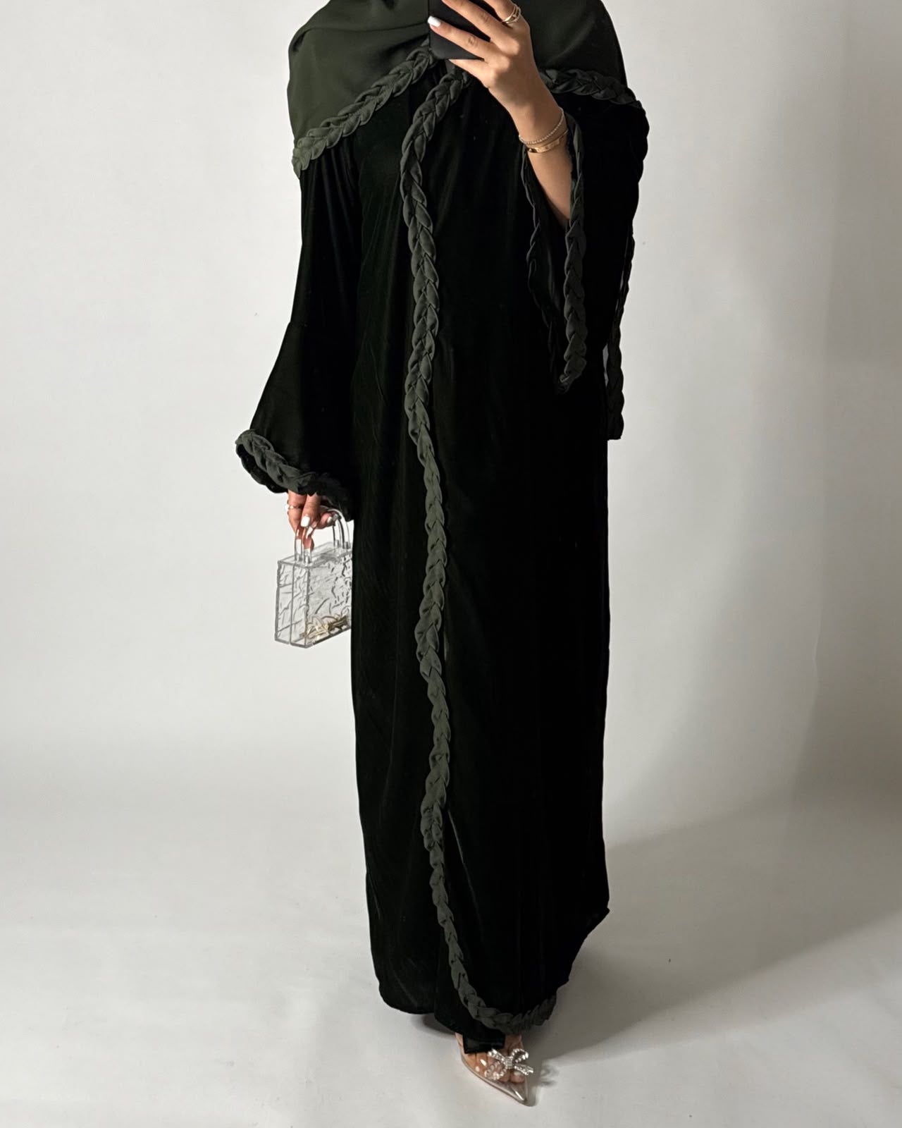 A687 - Olive Green Braided Waves Velvet Abaya with Matching Head Scarf