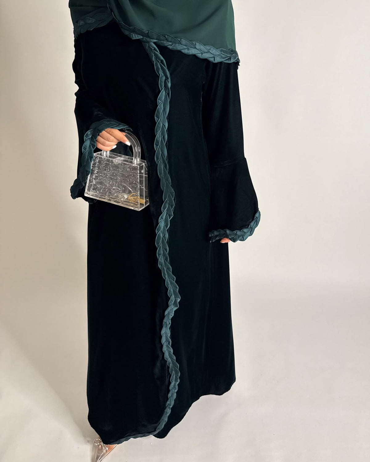 A688 - Forest Green Braided Waves Velvet Abaya with Matching Head Scarf