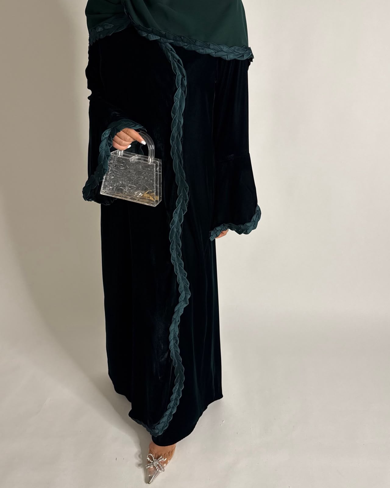 A688 - Forest Green Braided Waves Velvet Abaya with Matching Head Scarf