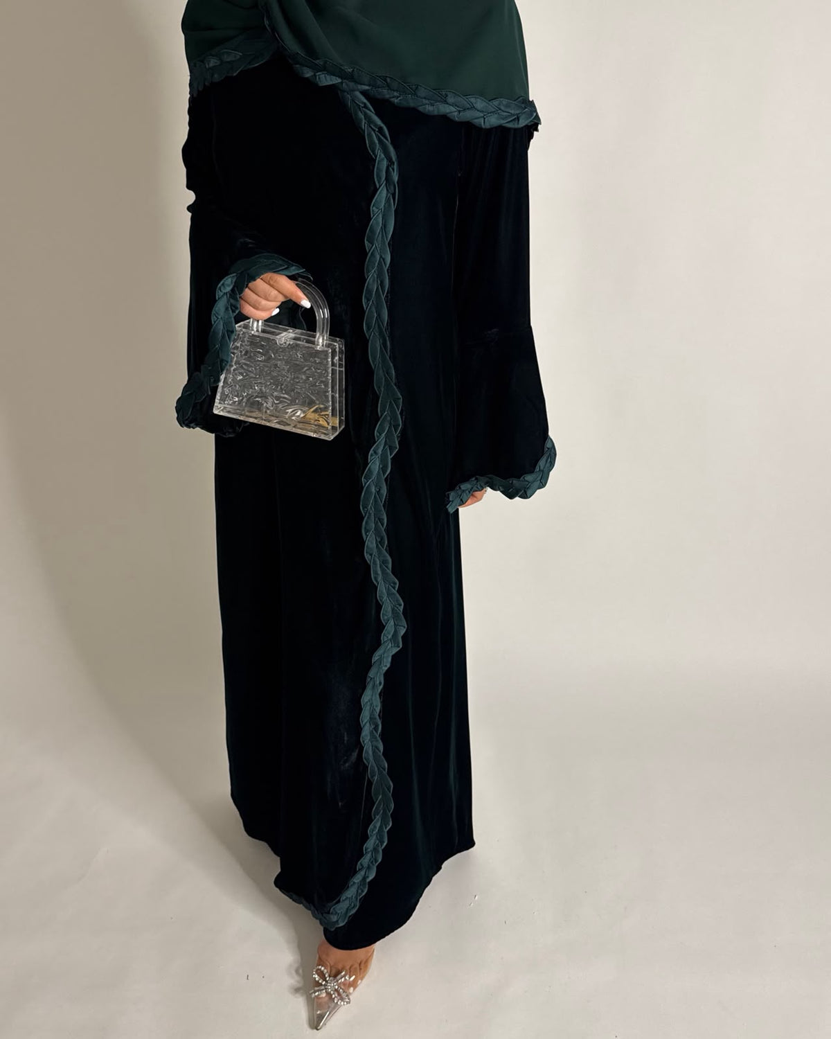 A688 - Forest Green Braided Waves Velvet Abaya with Matching Head Scarf