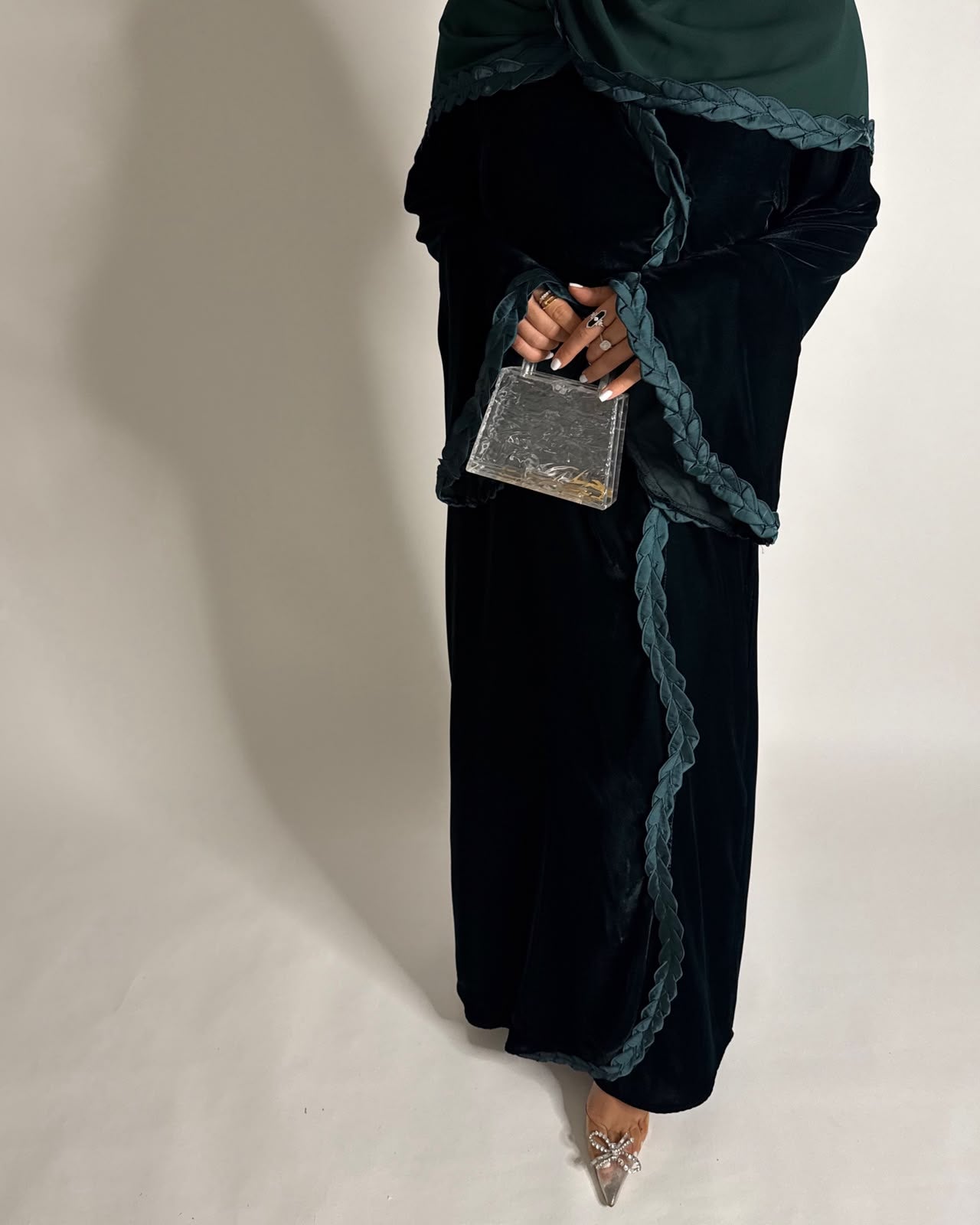 A688 - Forest Green Braided Waves Velvet Abaya with Matching Head Scarf