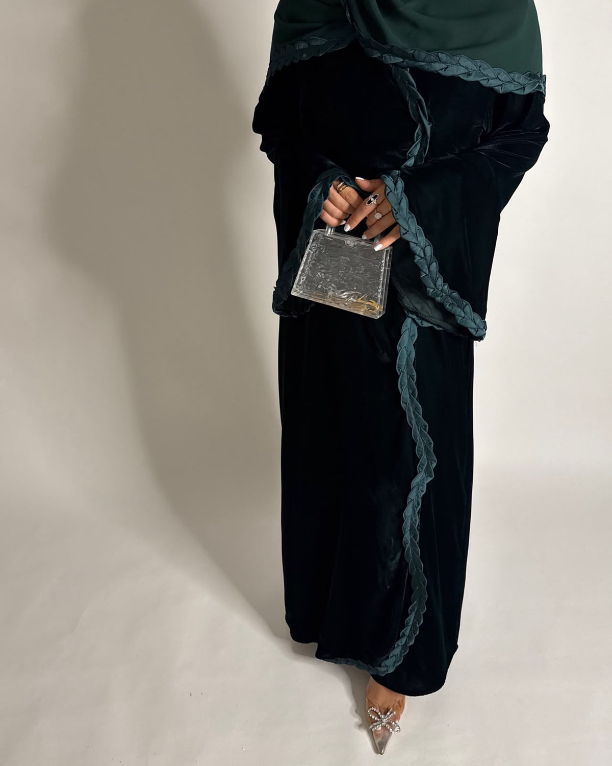 A688 - Forest Green Braided Waves Velvet Abaya with Matching Head Scarf