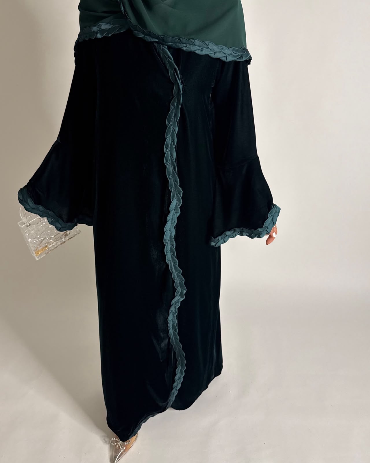 A688 - Forest Green Braided Waves Velvet Abaya with Matching Head Scarf