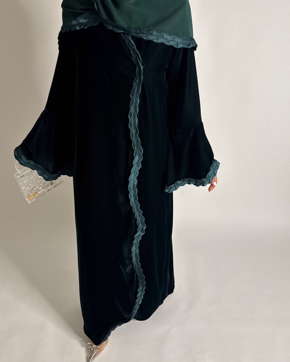 A688 - Forest Green Braided Waves Velvet Abaya with Matching Head Scarf