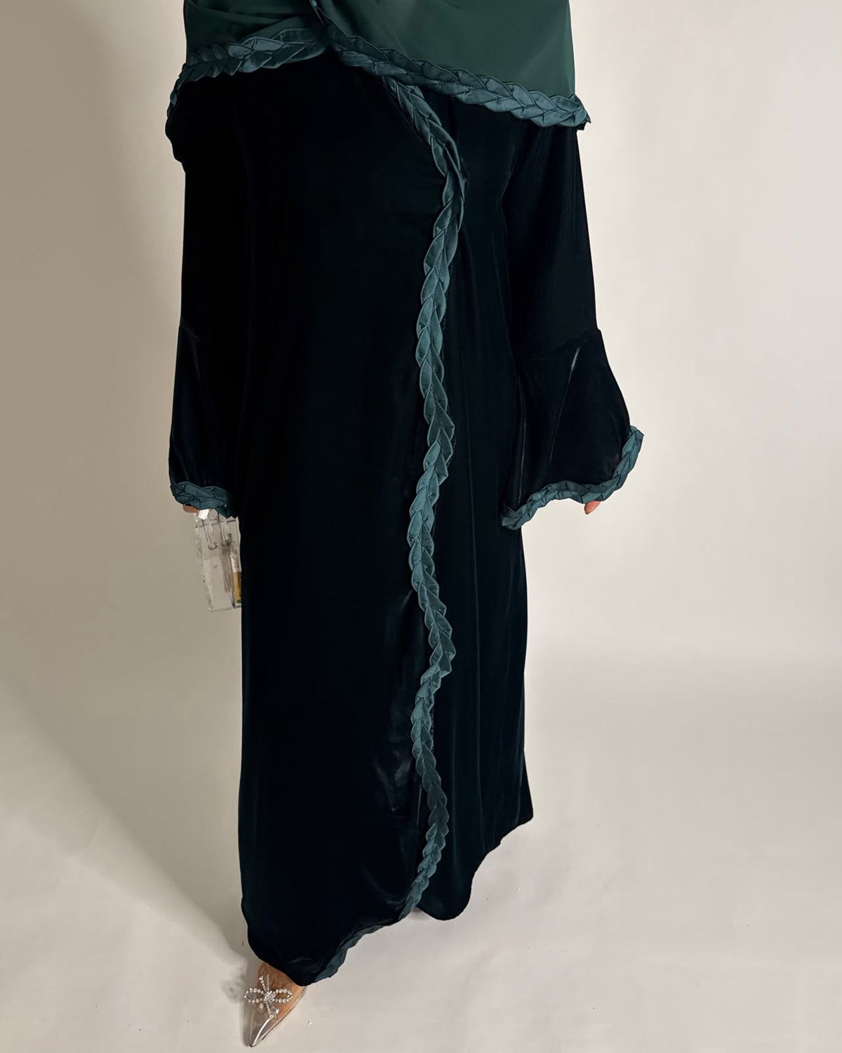 A688 - Forest Green Braided Waves Velvet Abaya with Matching Head Scarf
