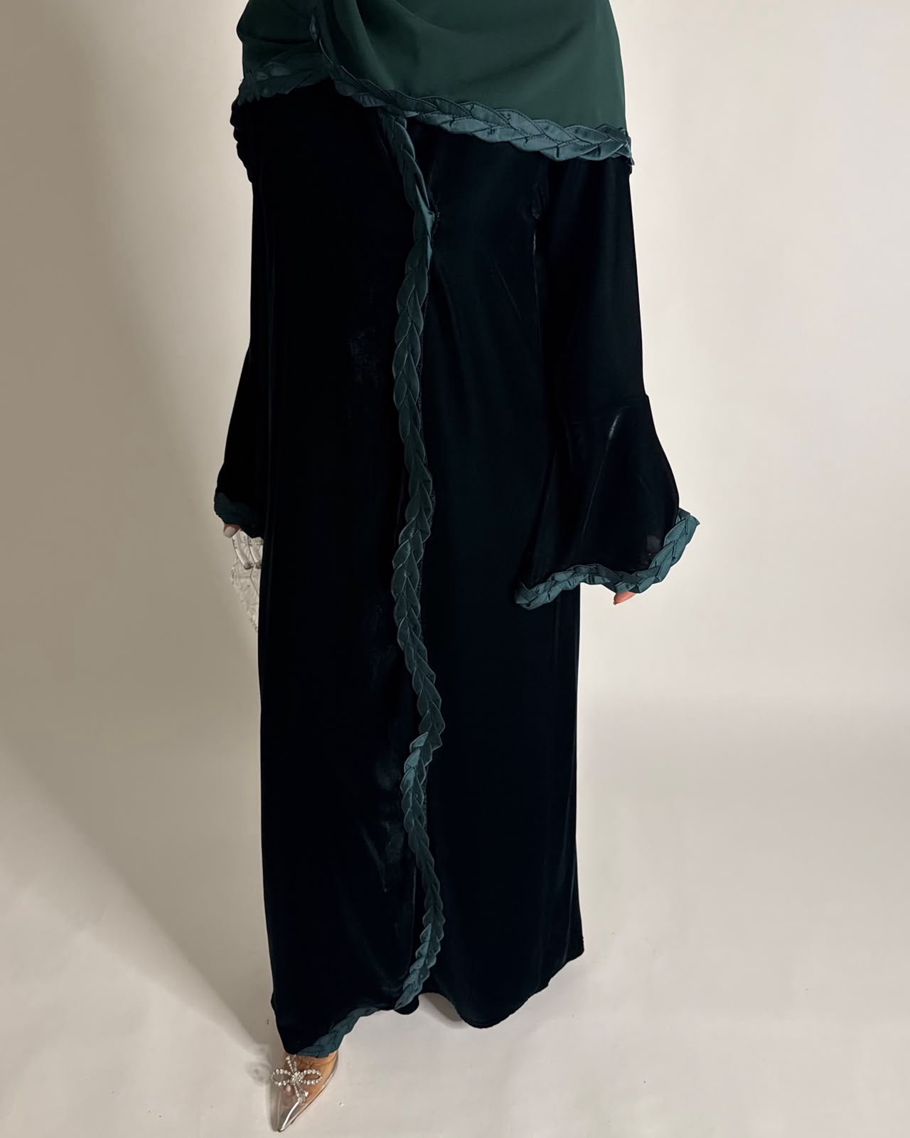 A688 - Forest Green Braided Waves Velvet Abaya with Matching Head Scarf