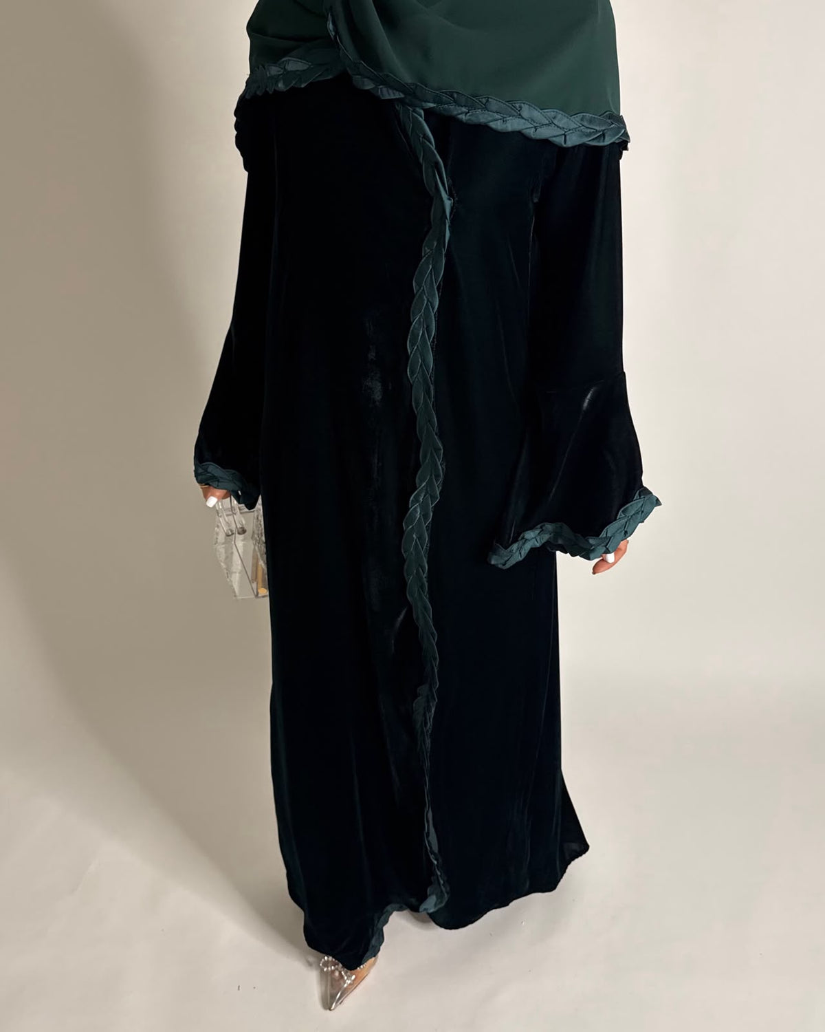 A688 - Forest Green Braided Waves Velvet Abaya with Matching Head Scarf