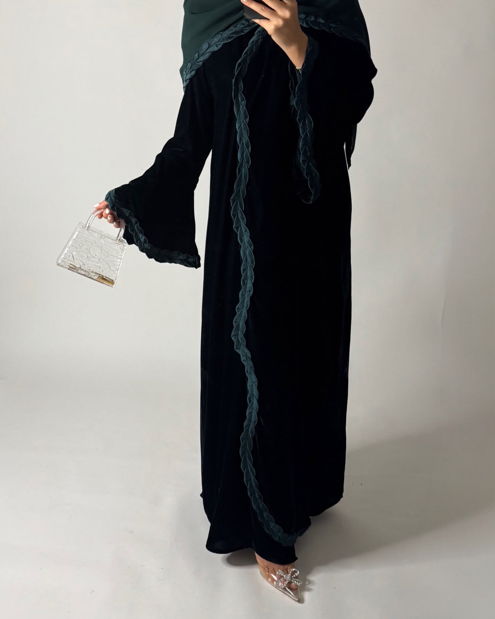 A688 - Forest Green Braided Waves Velvet Abaya with Matching Head Scarf