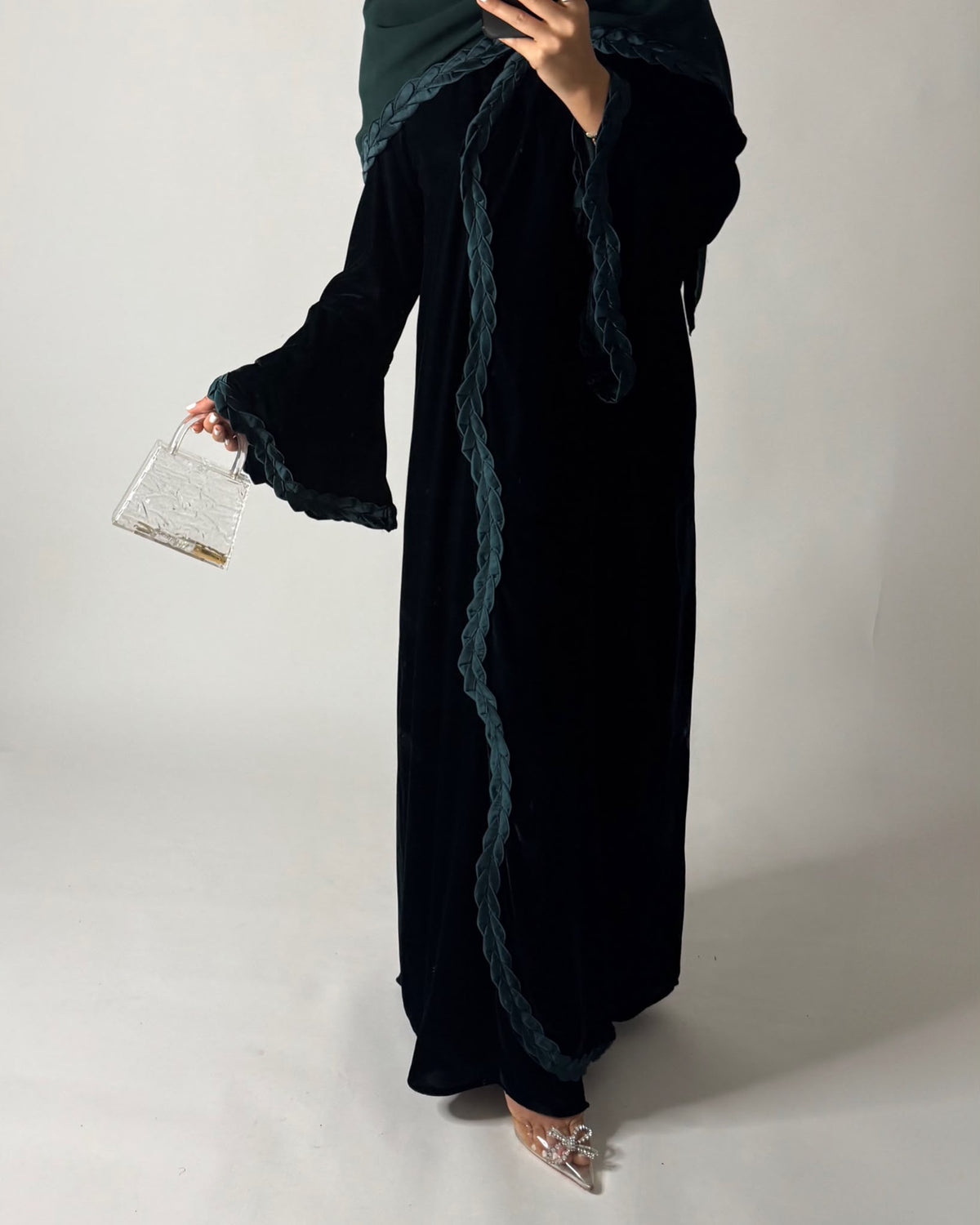 A688 - Forest Green Braided Waves Velvet Abaya with Matching Head Scarf