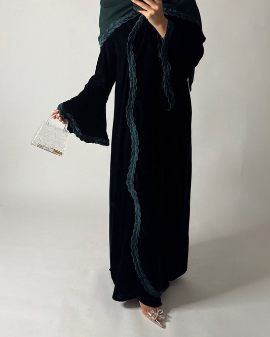 A688 - Forest Green Braided Waves Velvet Abaya with Matching Head Scarf