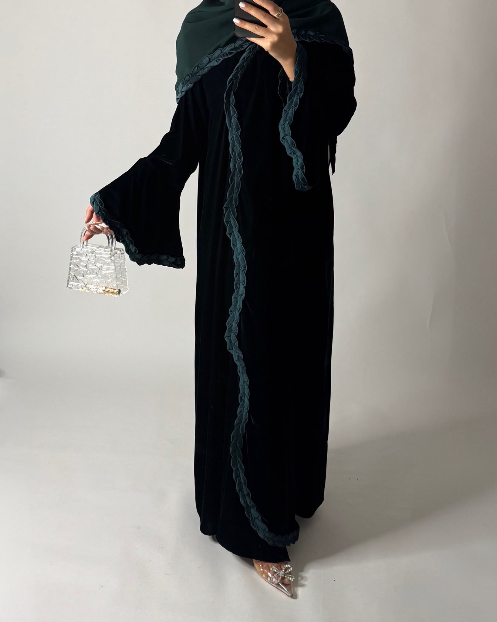 A688 - Forest Green Braided Waves Velvet Abaya with Matching Head Scarf