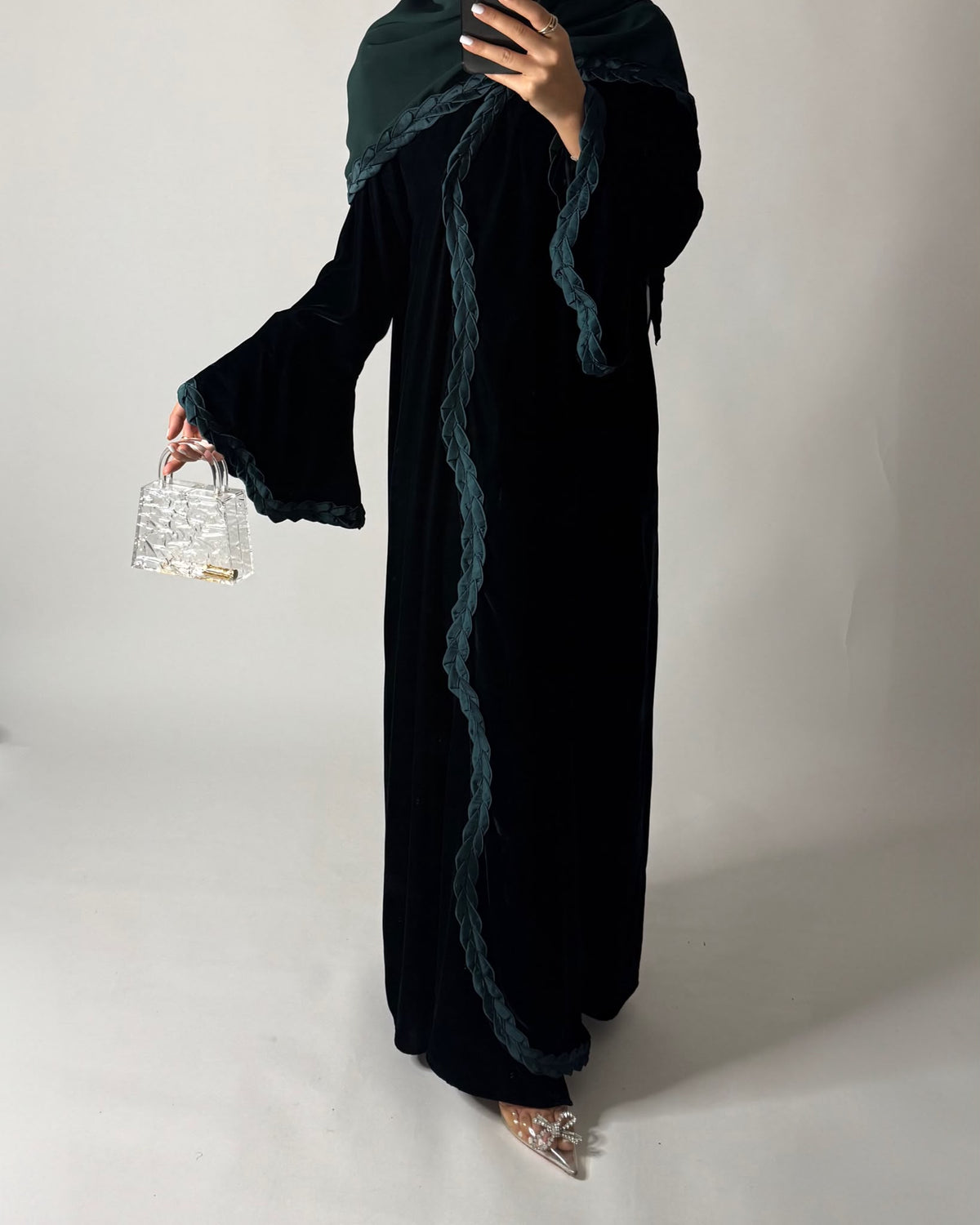 A688 - Forest Green Braided Waves Velvet Abaya with Matching Head Scarf