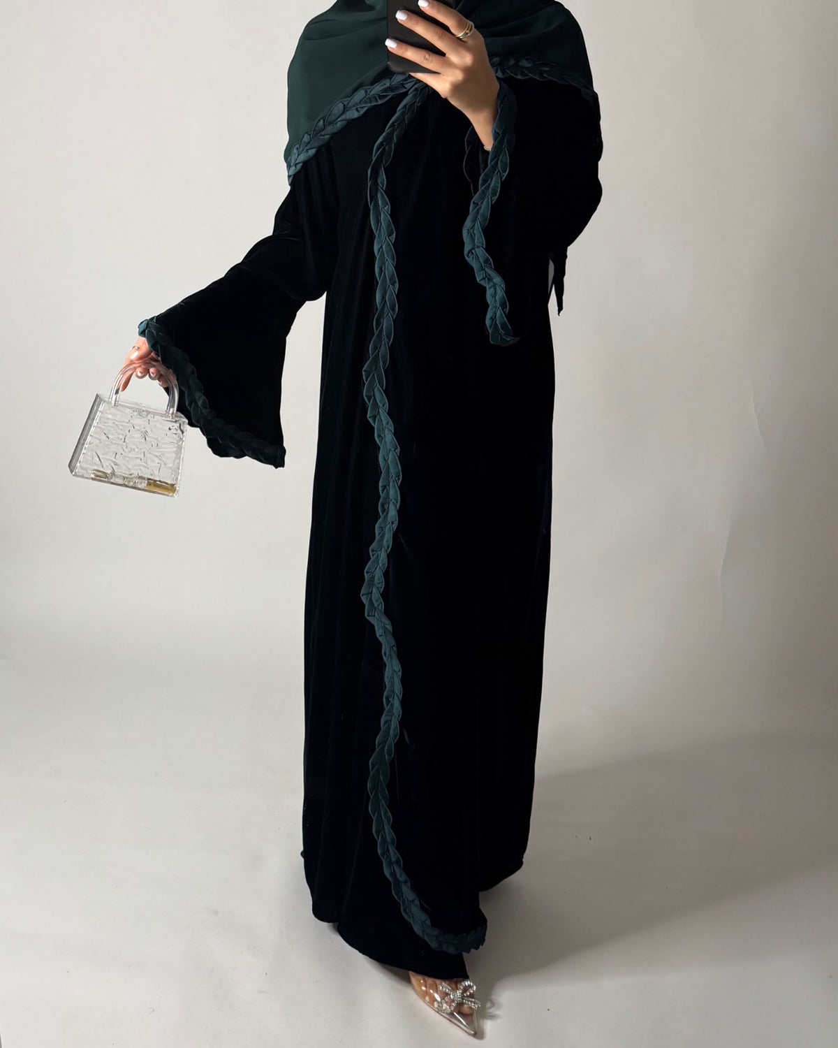 A688 - Forest Green Braided Waves Velvet Abaya with Matching Head Scarf