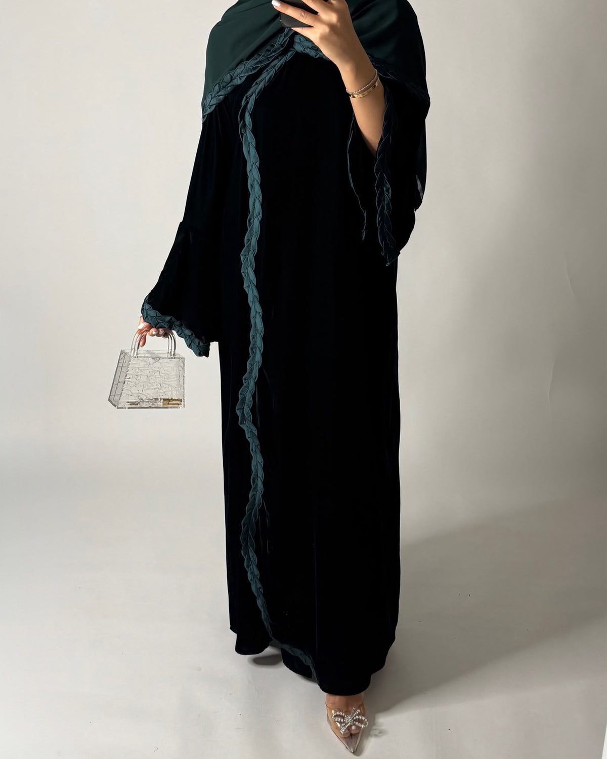 A688 - Forest Green Braided Waves Velvet Abaya with Matching Head Scarf